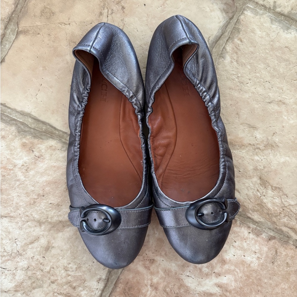 Coach - Women's Metallic Gray Ballet Flats with Buckle